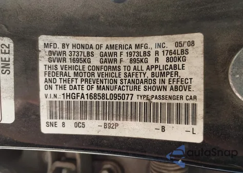 2008 Honda Civic Ex из США, поврежденный, VIN 1HGFA16858L095077